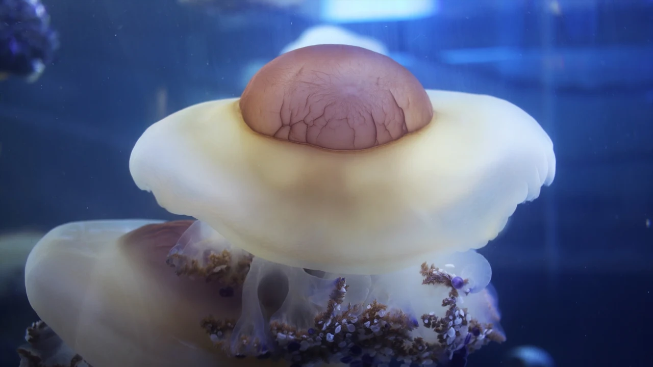 Fotografía de archivo del Oceanogràfic y una medusa huevo frito.