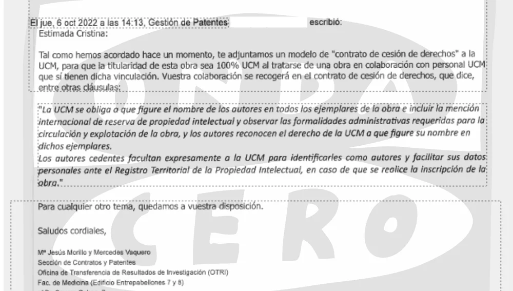 Detalle del correo demuestra que la asesora de Moncloa Cristina Alvarez también participó en las gestiones/ ondacero.es Detalle del correo demuestra que la asesora de Moncloa Cristina Alvarez también participó en las gestiones/ ondacero.es