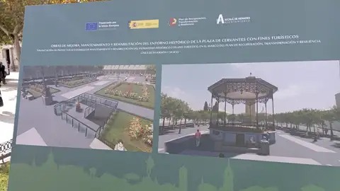 La reforma de la Plaza de Cervantes de Alcalá de Henares comenzará esta primavera y tendrá una duración de 12 meses Paneles informativos del proyecto de reforma de la Plaza de Cervantes de Alcalá de Henares