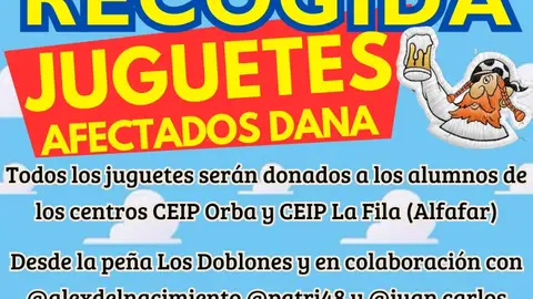 La peña Los Doblones de Alcalá de Henares organiza una recogida de juguetes para niños afectados por la DANA Cartel de la recogida solidaria de juguetes organizada por la peña alcalaína Los Doblones