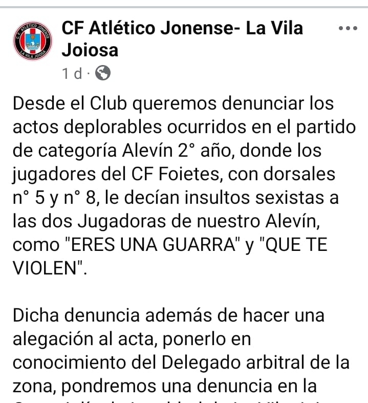 Denuncia del Jonense al CF Foietes por insultos sexistas a jugadoras del Alevin 2º año Denuncia del Jonense al CF Foietes por insultos sexistas a jugadoras del Alevin 2º año