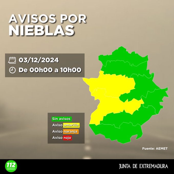 El 112 activa la alerta amarilla por nieblas en las Vegas del Guadiana y Meseta cacereña hasta las 10h de este martes 3 de diciembre El 112 activa la alerta amarilla por nieblas en las Vegas del Guadiana y Meseta cacereña hasta las 10h de este martes 3 de diciembre