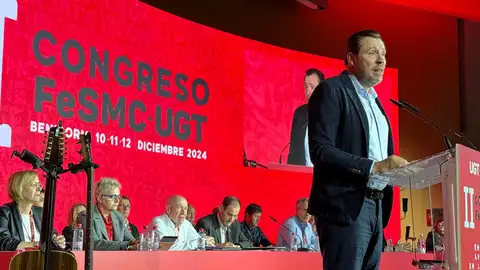La recuperación tras la DANA, la reducción a 36 horas la jornada laboral y la necesidad de alcanzar unos salarios que no empobrezcan al trabajador, temas principales de la primera jornada del congreso de Servicios y Movilidad de la UGT que se celebra en Benidorm Oscar Puente en su intervención en el congreso UGT de Benidorm