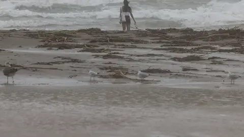 Una joven contempla el mar en la playa de la Malvarrosa en una día lluvioso. Una joven contempla el mar en la playa de la Malvarrosa en una día lluvioso.