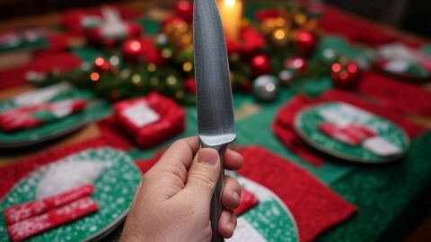 Imagen de archivo de una mano sujetando un cuchillo con un mesa con adornos navide&ntilde;os de fondo.
