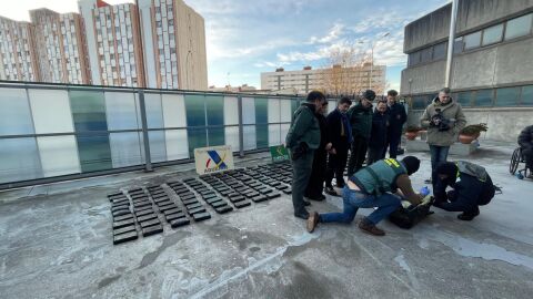 Agentes de la Guardia Civil abren uno de los fardos ante la presencia del delegado del Gobierno