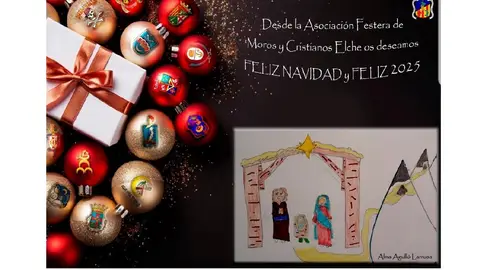 Postal de felicitación de la Navidad de 2024 de la Asociación Festera de Moros y Cristianos de Elche. Postal de felicitación de la Navidad de 2024 de la Asociación Festera de Moros y Cristianos de Elche.