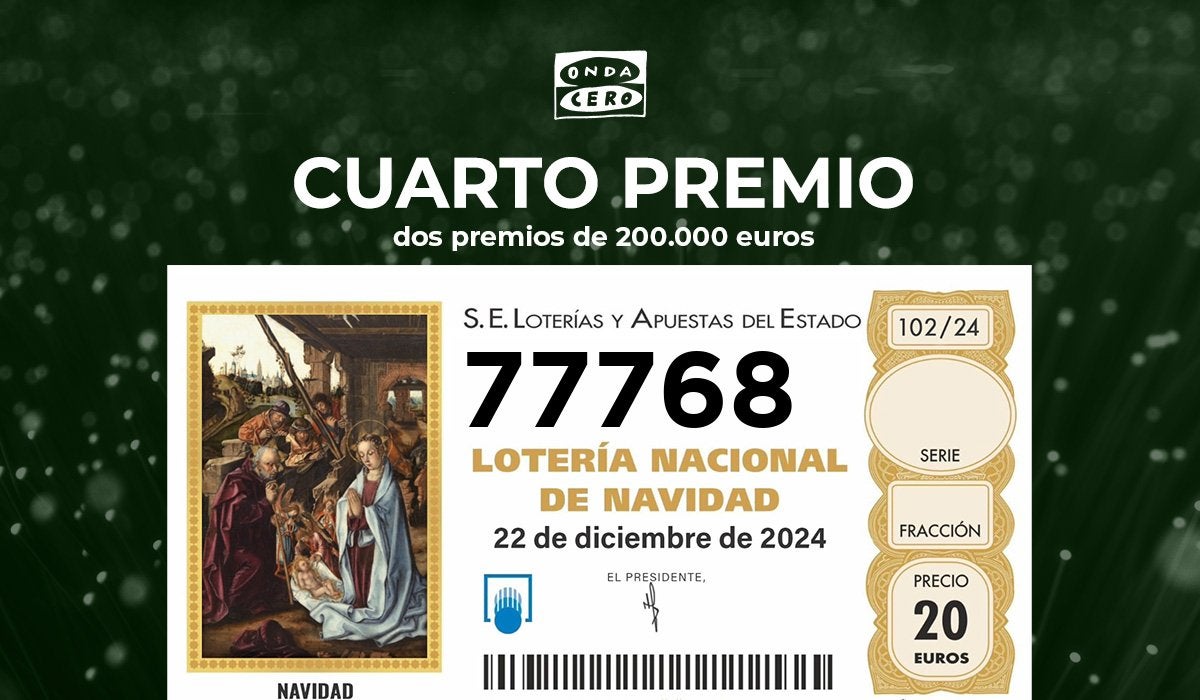 El 77.768, primer cuarto premio del Sorteo de Navidad 2024 reparte 400.000 euros entre Badajoz y Mérida El 77.768, primer cuarto premio del Sorteo de Navidad 2024 reparte 400.000 euros entre Badajoz y Mérida
