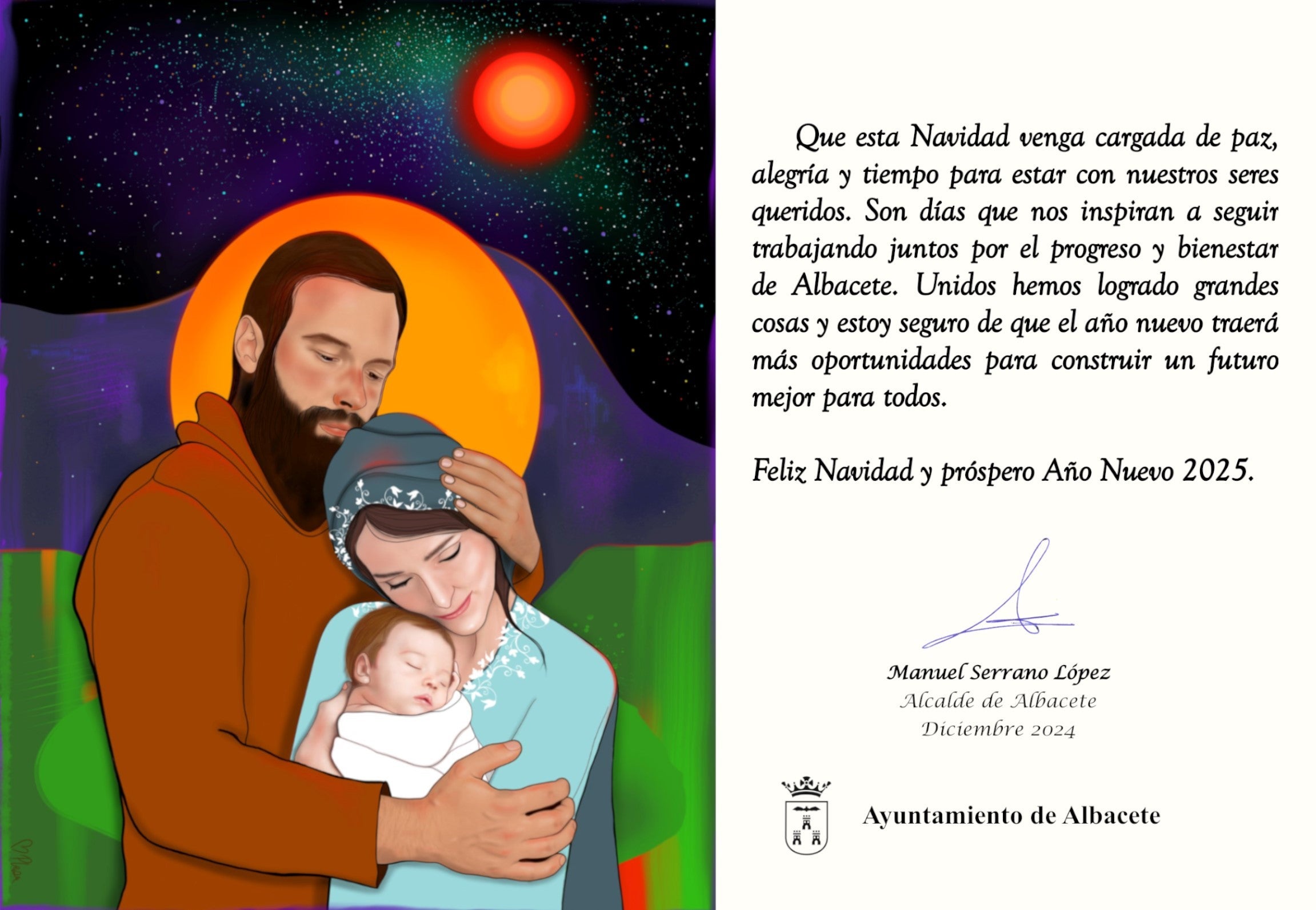 El ayuntamiento de Albacete felicita la Navidad con una portal realizada por la artista digital y muralista local Verónica Plaza El ayuntamiento de Albacete felicita la Navidad con una portal realizada por la artista digital y muralista local Verónica Plaza