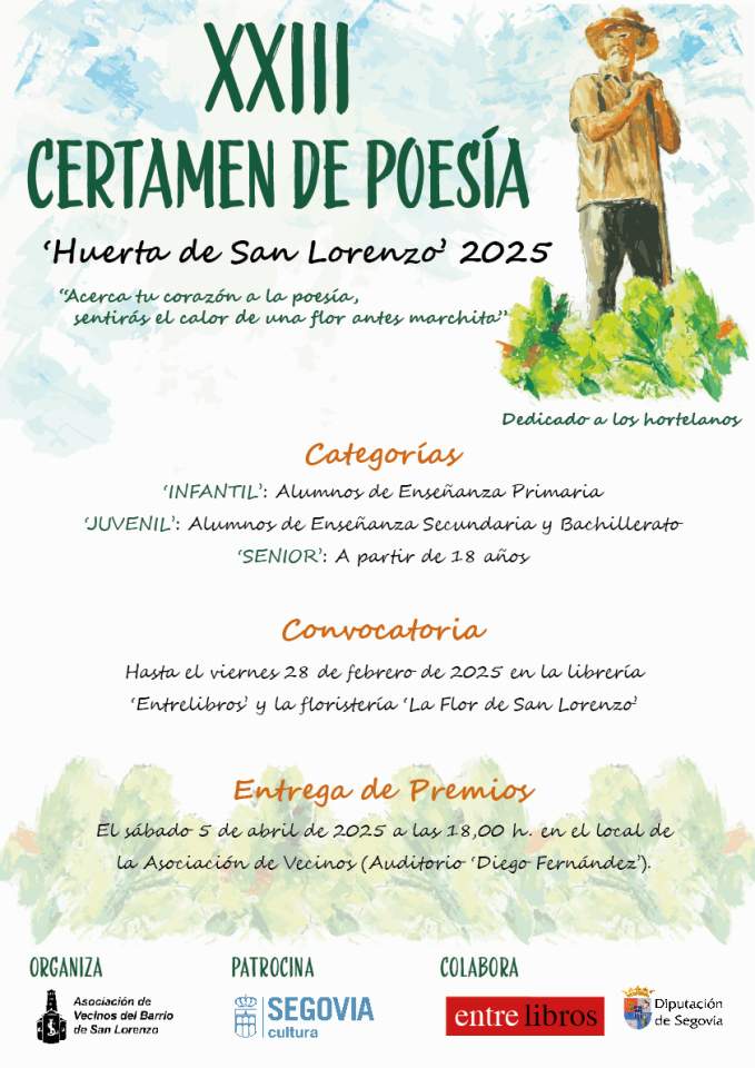 Vuelve el Certamen de Poesía Huerta de San Lorenzo Vuelve el Certamen de Poesía Huerta de San Lorenzo