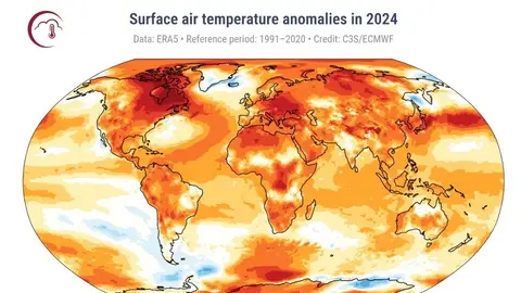 Anomalías de la temperatura del aire en la superficie para 2024 en relación con el promedio del período de referencia 1991-2020. Anomalías de la temperatura del aire en la superficie para 2024 en relación con el promedio del período de referencia 1991-2020.