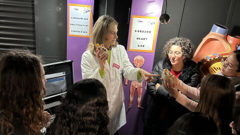 Juana Parres, en el centro, muestra a un grupo de visitantes corazones plastinados