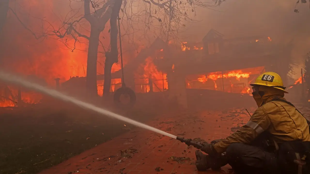 Imagen de un bombero luchando contra el fuego en los incendios de Los Ángeles Imagen de un bombero luchando contra el fuego en los incendios de Los Ángeles