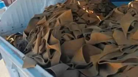 Retales de piel vertidos por los implicados en un contenedor de basura del polígono de Carrus de Elche. Retales de piel vertidos por los implicados en un contenedor de basura del polígono de Carrus de Elche.