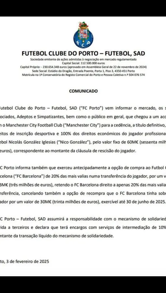 Traspaso de Nico González del Oporto al City Traspaso de Nico González del Oporto al City