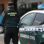 Un agente de la Guardia Civil, de espaldas, de pie junto a un vehículo oficial.