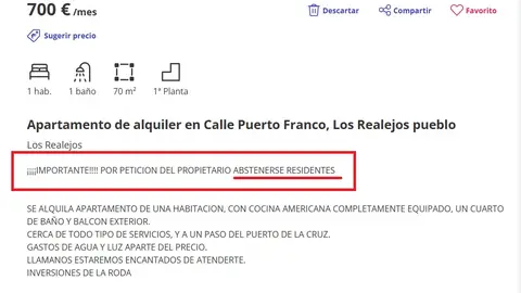 Pantallazo del anuncio de Fotocasa en donde se ofrece un piso en Tenerife vetando ofertas de residentes en la isla Pantallazo del anuncio de Fotocasa en donde se ofrece un piso en Tenerife vetando ofertas de residentes en la isla
