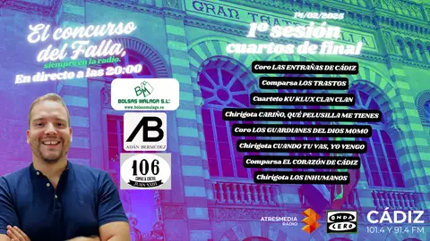 COAC 2025: quién actúa hoy en la primera sesión de cuartos de final del Concurso Oficial de Agrupaciones del Carnaval de Cádiz COAC 2025: quién actúa hoy en la primera sesión de cuartos de final del Concurso Oficial de Agrupaciones del Carnaval de Cádiz