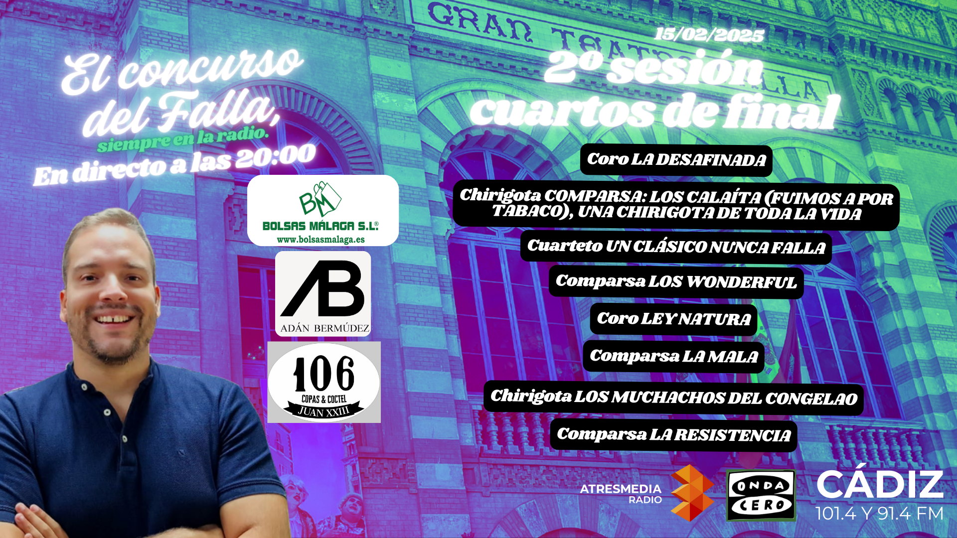 COAC 2025: quién actúa hoy en la segunda sesión de cuartos de final del Concurso Oficial de Agrupaciones del Carnaval de Cádiz COAC 2025: quién actúa hoy en la segunda sesión de cuartos de final del Concurso Oficial de Agrupaciones del Carnaval de Cádiz