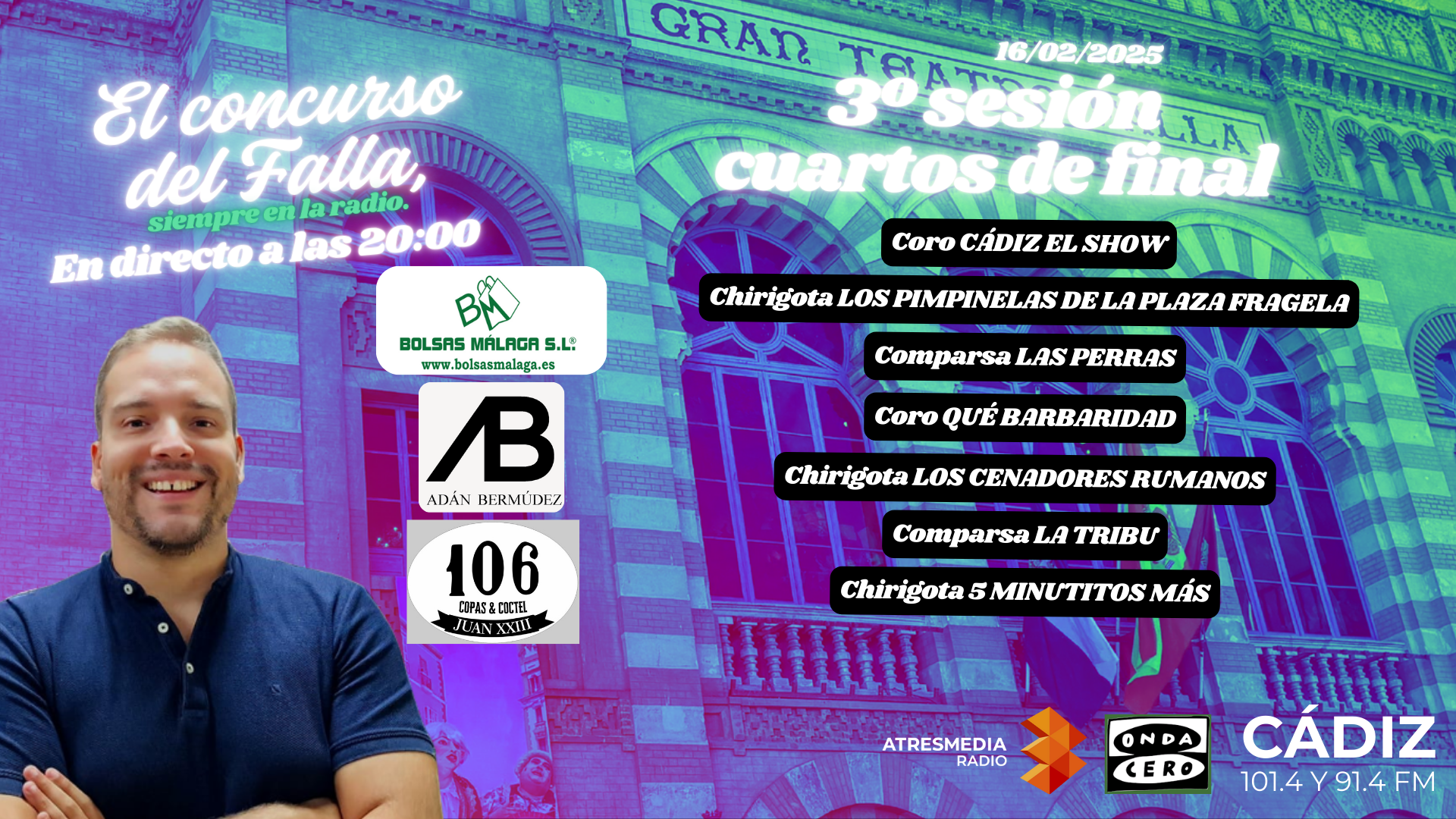 COAC 2025: quién actúa hoy en la tercera sesión de cuartos de final del Concurso Oficial de Agrupaciones del Carnaval de Cádiz COAC 2025: quién actúa hoy en la tercera sesión de cuartos de final del Concurso Oficial de Agrupaciones del Carnaval de Cádiz
