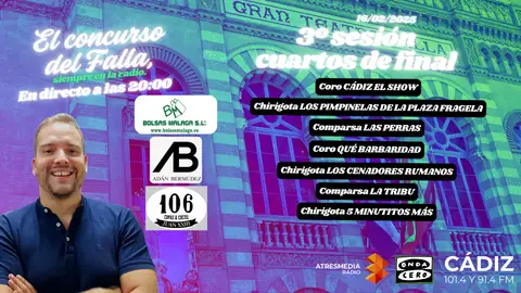 COAC 2025: quién actúa hoy en la tercera sesión de cuartos de final del Concurso Oficial de Agrupaciones del Carnaval de Cádiz COAC 2025: quién actúa hoy en la tercera sesión de cuartos de final del Concurso Oficial de Agrupaciones del Carnaval de Cádiz