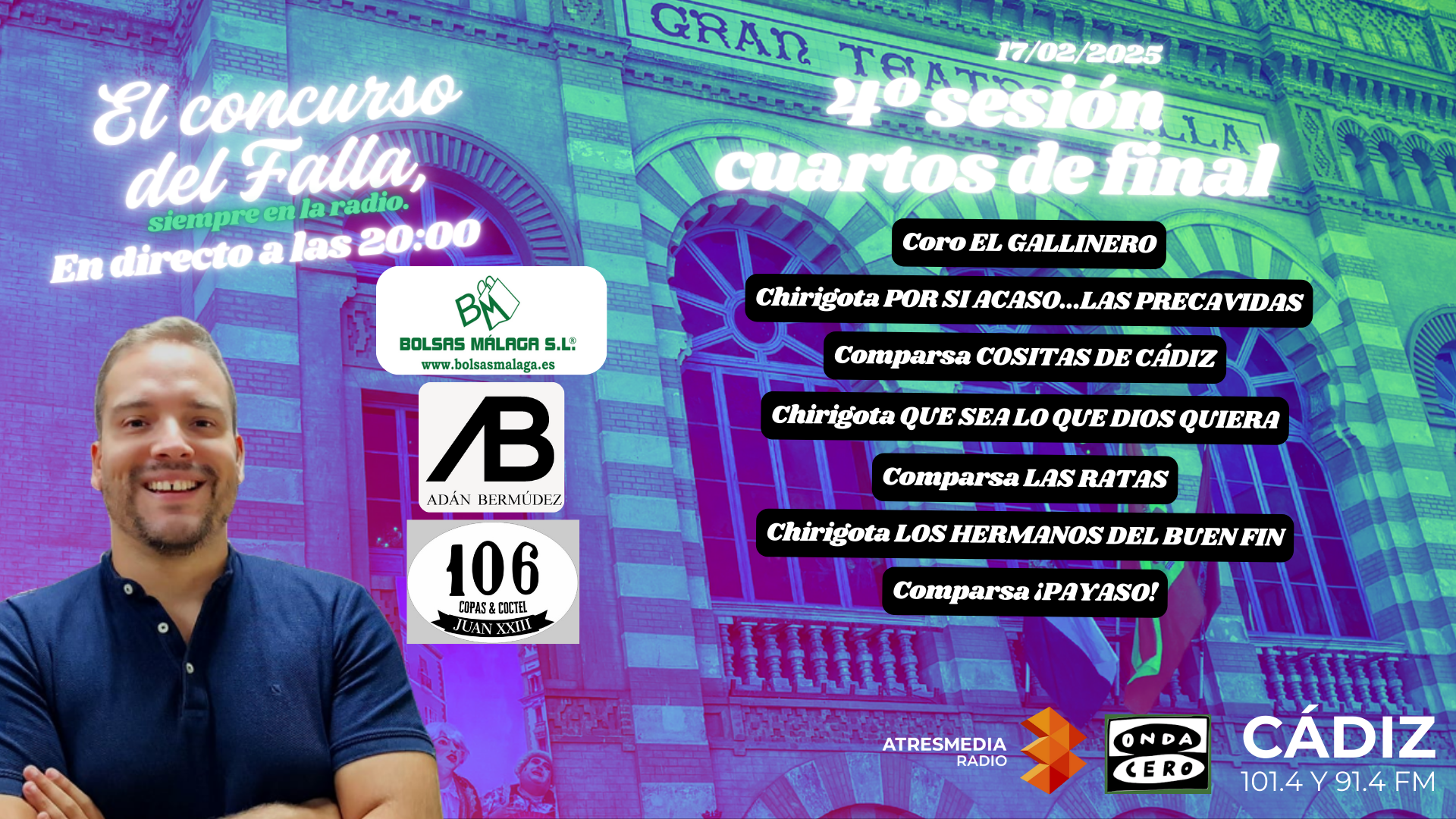 COAC 2025: quién actúa hoy en la cuarta sesión de cuartos de final del Concurso Oficial de Agrupaciones del Carnaval de Cádiz COAC 2025: quién actúa hoy en la cuarta sesión de cuartos de final del Concurso Oficial de Agrupaciones del Carnaval de Cádiz