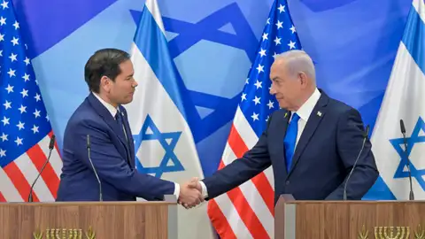 El secretario de Estado de Estados Unidos, Marco Rubio, durante la rueda de prensa conjunta ofrecida tras la reunión con el primer ministro de Israel, Bejamín Netanyahu. El secretario de Estado de Estados Unidos, Marco Rubio, durante la rueda de prensa conjunta ofrecida tras la reunión con el primer ministro de Israel, Bejamín Netanyahu.