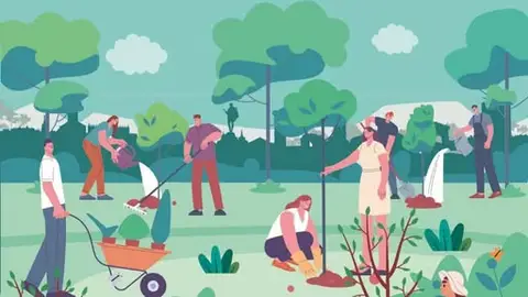 El Ayuntamiento de Alcalá y Un Millón de Árboles por el Cambio climático-Alcalá Verde organizan una plantación para homenajear a veinte colectivos de la ciudad complutense Cartel de la plantación de árboles en Alcalá de Henares