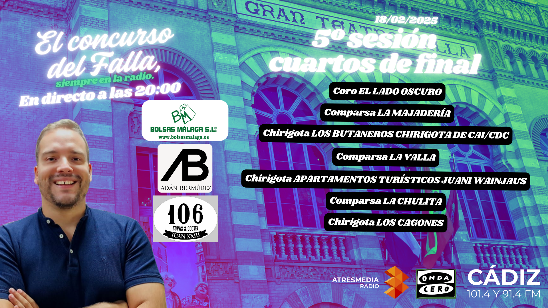 COAC 2025: quién actúa hoy en la quinta sesión de cuartos de final del Concurso Oficial de Agrupaciones del Carnaval de Cádiz COAC 2025: quién actúa hoy en la quinta sesión de cuartos de final del Concurso Oficial de Agrupaciones del Carnaval de Cádiz