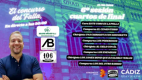 COAC 2025: quién actúa hoy en la sexta sesión de cuartos de final del Concurso Oficial de Agrupaciones del Carnaval de Cádiz COAC 2025: quién actúa hoy en la sexta sesión de cuartos de final del Concurso Oficial de Agrupaciones del Carnaval de Cádiz