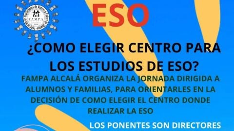 Cartel de la jornada de orientaci&oacute;n educativa organizada por la Federaci&oacute;n de Asociaciones de Madres y Padres del Alumnado de Alcal&aacute; de Henares