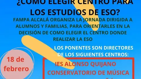 La Federación de Asociaciones de Madres y Padres del Alumnado de Alcalá de Henares organiza una nueva jornada de orientación educativa para familias y estudiantes Cartel de la jornada de orientación educativa organizada por la Federación de Asociaciones de Madres y Padres del Alumnado de Alcalá de Henares