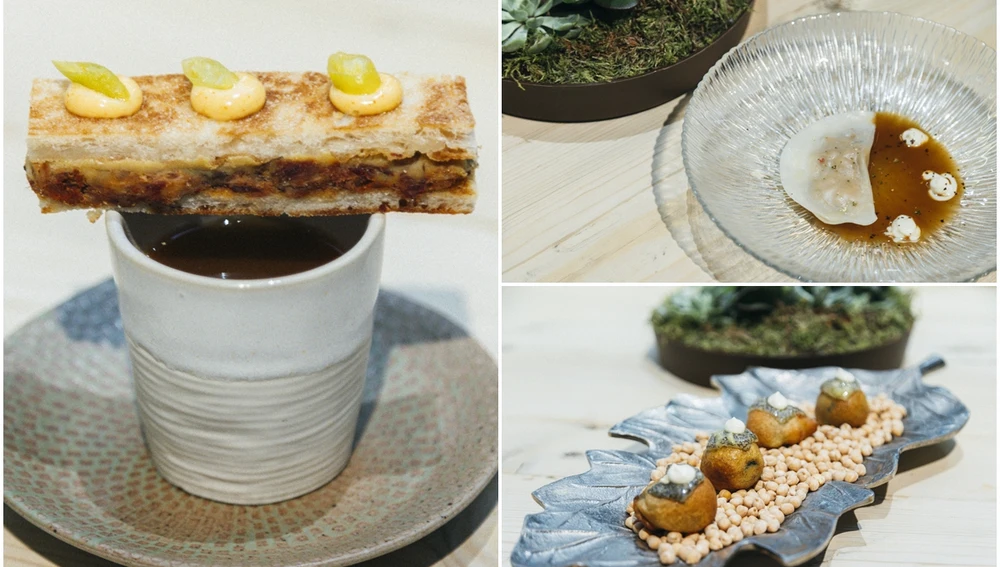 Bikini de cocido loriego; Jugo de lenteja de Tierra de Campos estofada con ravioli de caza y boletus; Buñuelo de potaje de vigilia con garbanzo de Pedrosillo Bikini de cocido loriego; Jugo de lenteja de Tierra de Campos estofada con ravioli de caza y boletus; Buñuelo de potaje de vigilia con garbanzo de Pedrosillo
