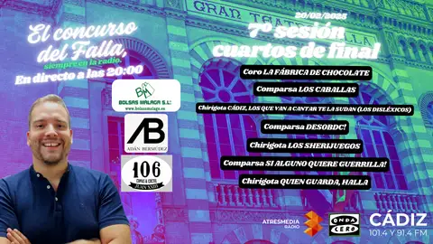 COAC 2025: quién actúa hoy en la séptima y última sesión de cuartos de final del Concurso Oficial de Agrupaciones del Carnaval de Cádiz COAC 2025: quién actúa hoy en la séptima y última sesión de cuartos de final del Concurso Oficial de Agrupaciones del Carnaval de Cádiz