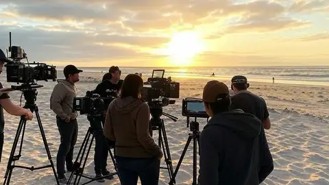 Equipo de rodaje en playa Equipo de rodaje en playa