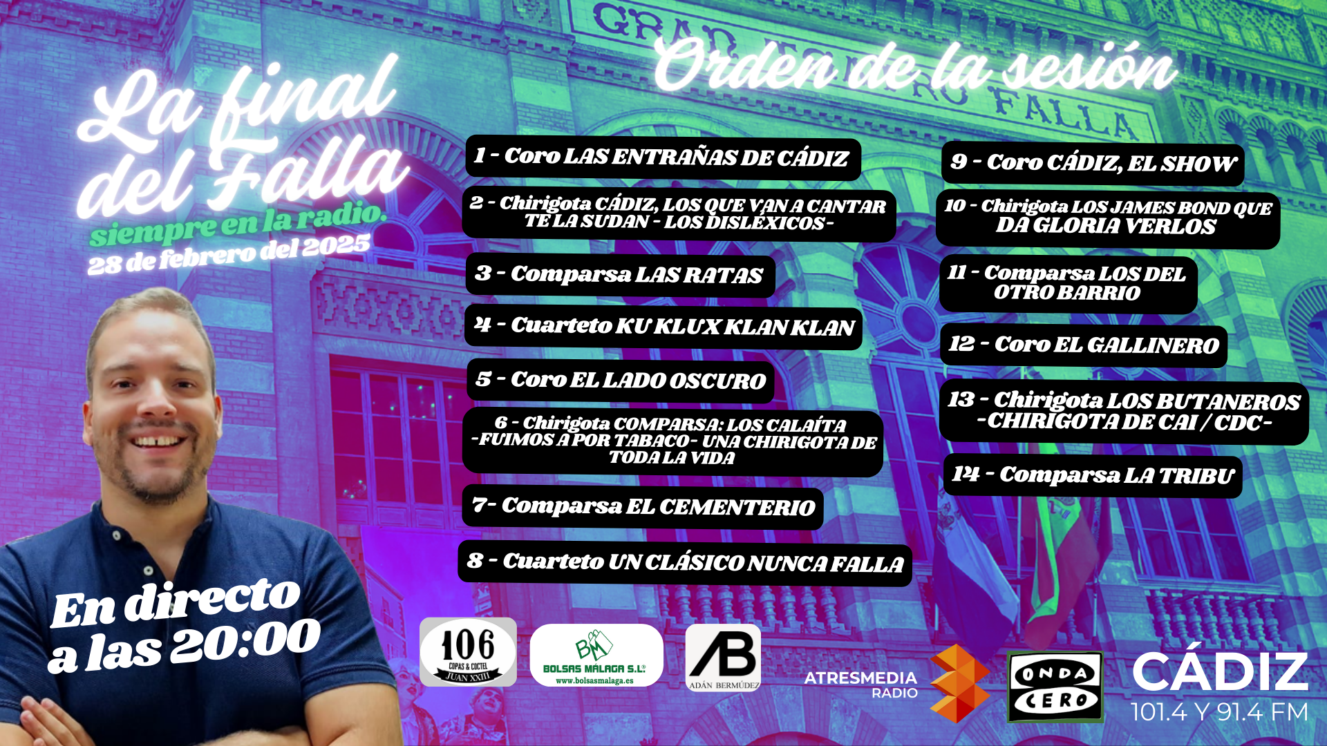 Quién actúa en la final del Concurso Oficial de Agrupaciones del Carnaval de Cádiz 2025 Quién actúa en la final del Concurso Oficial de Agrupaciones del Carnaval de Cádiz 2025