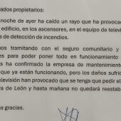 Nota informativa de la comunidad de Los Abedules tras el rayo