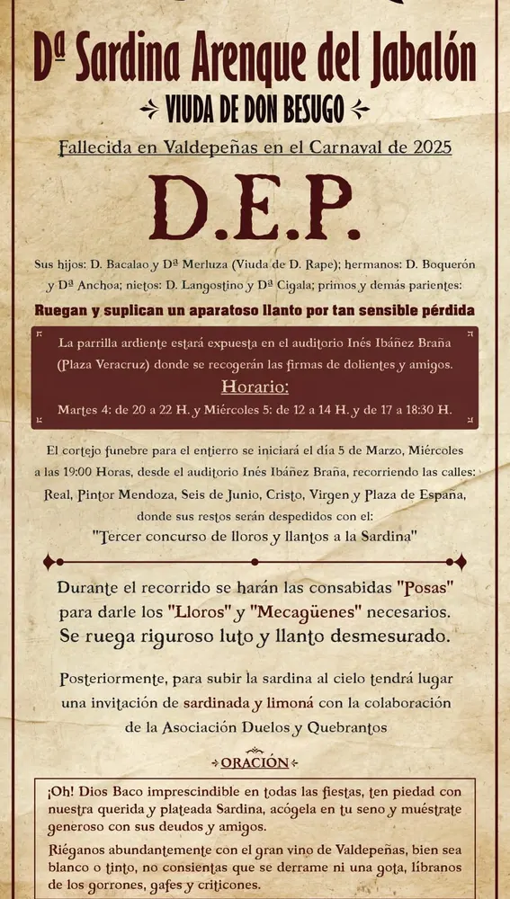 Esquela del Entierro de la Sardina 2025 Esquela del Entierro de la Sardina 2025