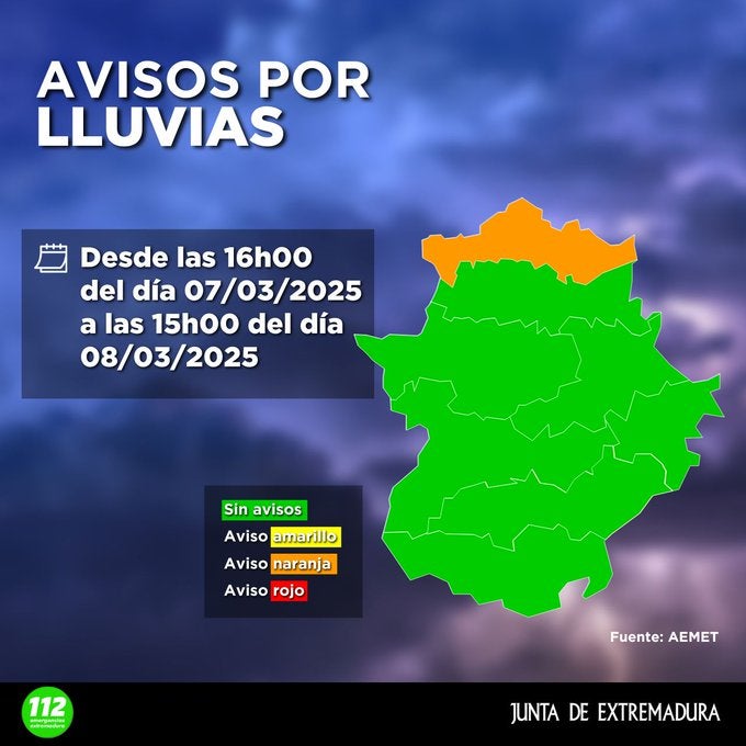 El Norte de Cáceres se encontrará en alerta naranja por lluvias a partir de las 16 horas de este viernes y hasta las 15 horas del sábado El Norte de Cáceres se encontrará en alerta naranja por lluvias a partir de las 16 horas de este viernes y hasta las 15 horas del sábado