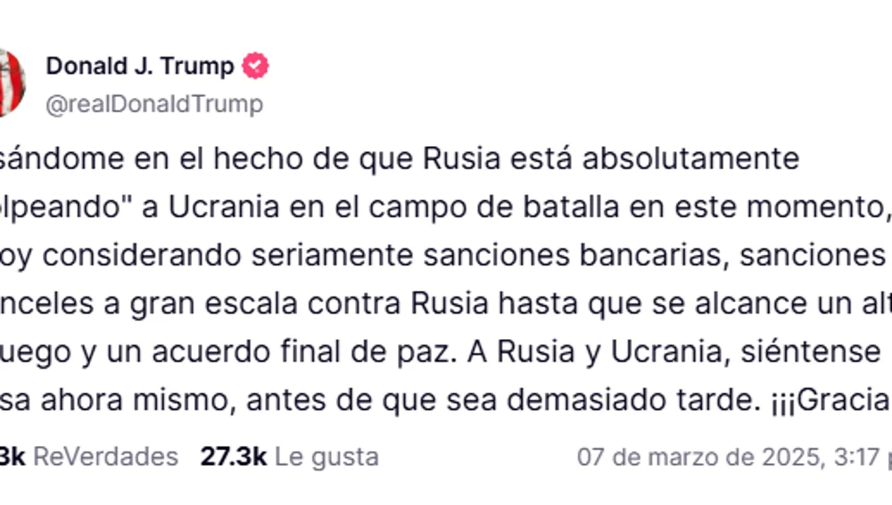 Post de Donald Trump en Truth Social criticando la actuación de Putin. Post de Donald Trump en Truth Social criticando la actuación de Putin.