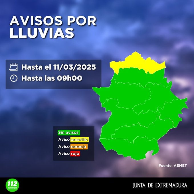 La alerta amarilla en el norte de Cáceres por lluvias permanecerá activa hasta las 9 de la mañana de este martes La alerta amarilla en el norte de Cáceres por lluvias permanecerá activa hasta las 9 de la mañana de este martes