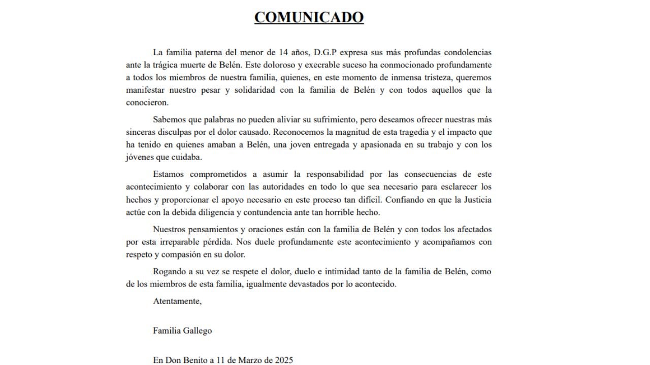 La familia paterna de uno de los menores detenidos por el asesinato de la cuidadora en Badajoz, pide perdón a través de una carta La familia paterna de uno de los menores detenidos por el asesinato de la cuidadora en Badajoz, pide perdón a través de una carta