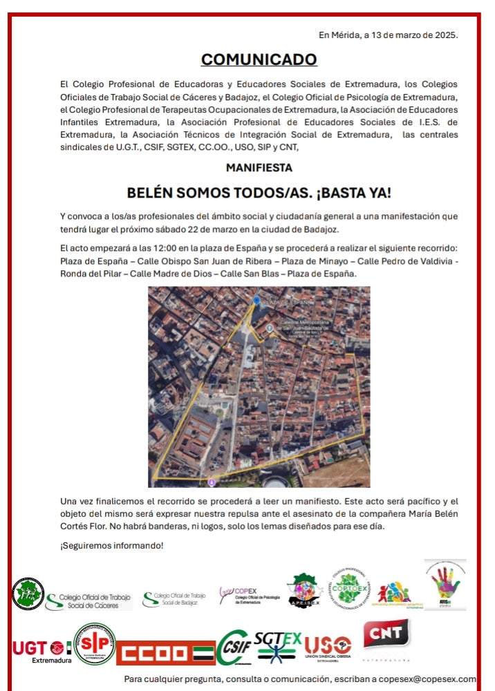 Varios colectivos convocan una manifestación en Badajoz el sábado 22 de marzo bajo el lema “Belén somos todos y todas ¡Basta Ya!” Varios colectivos convocan una manifestación en Badajoz el sábado 22 de marzo bajo el lema “Belén somos todos y todas ¡Basta Ya!”