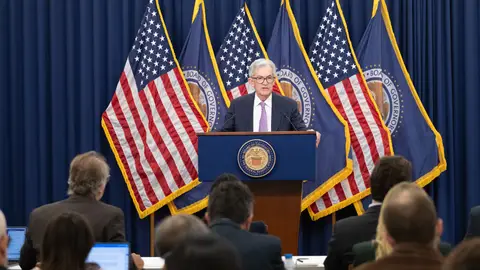 El presidente de la Reserva Federal, Jerome Powell, en la rueda de prensa posterior a una reunión de política monetaria. El presidente de la Reserva Federal, Jerome Powell, en la rueda de prensa posterior a una reunión de política monetaria.
