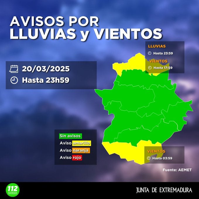 "Martinho" entra este jueves por Extremadura con alertas amarillas activas en el Sur de Badajoz y el Norte cacereño "Martinho" entra este jueves por Extremadura con alertas amarillas activas en el Sur de Badajoz y el Norte cacereño