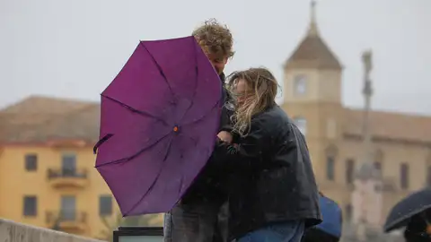 Una pareja trata de protegerse con un paraguas del viento y la lluvia. Una pareja trata de protegerse con un paraguas del viento y la lluvia.