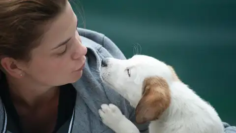 Una mujer se muestra cariñosa con su perro. Una mujer se muestra cariñosa con su perro.