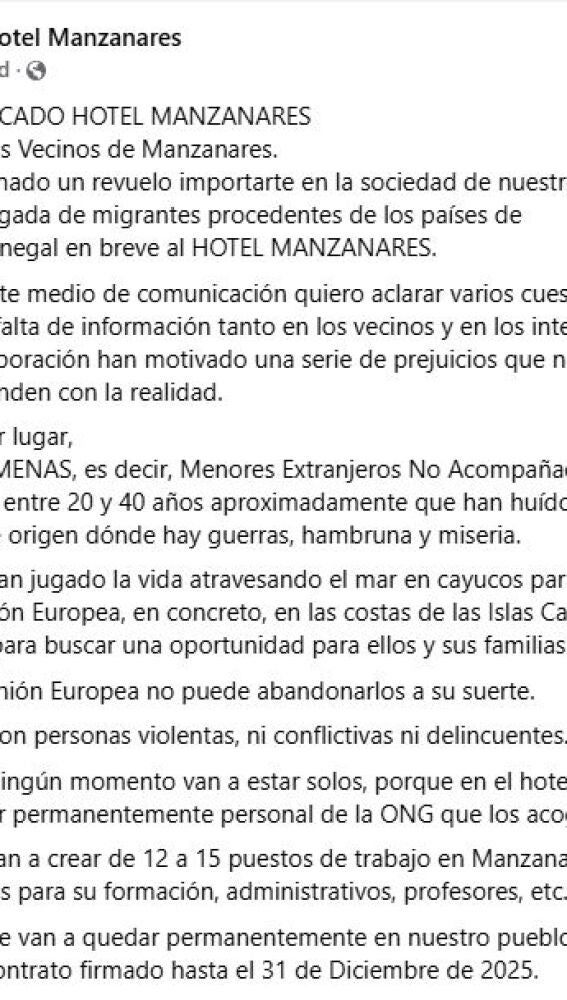 Comunicado del propietario del Hotel Manzanares