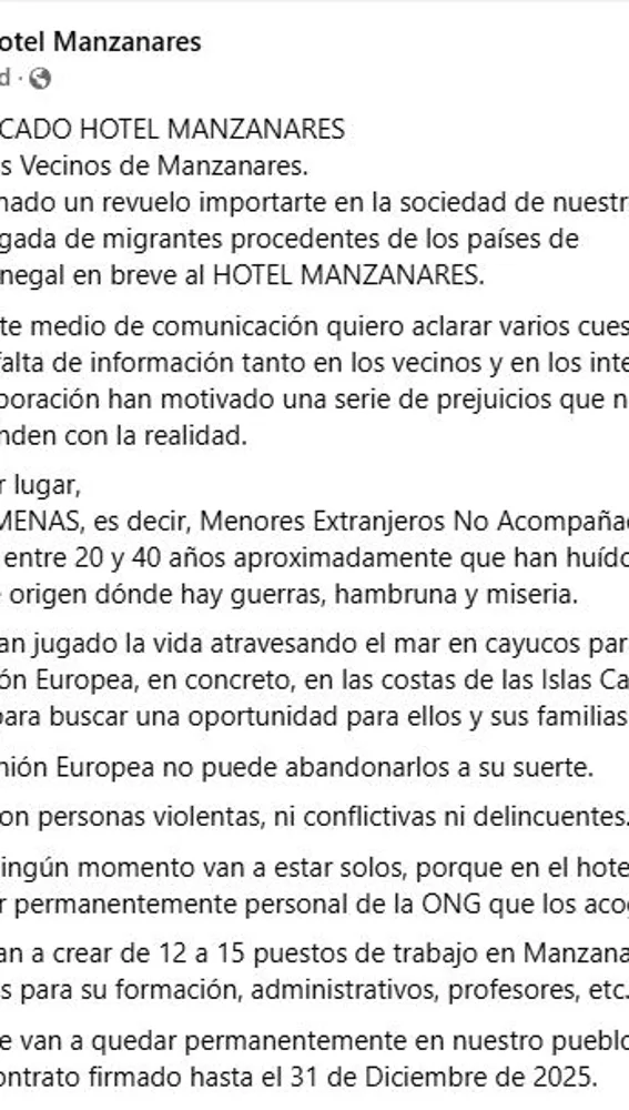 Comunicado del propietario del Hotel Manzanares Comunicado del propietario del Hotel Manzanares