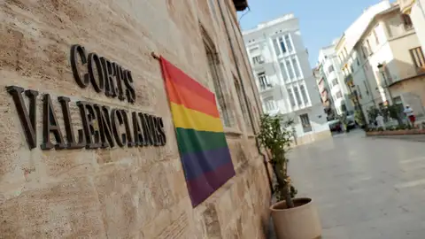 Una bandera LGTBI en la fachada de Les Corts Valencianes. Una bandera LGTBI en la fachada de Les Corts Valencianes.